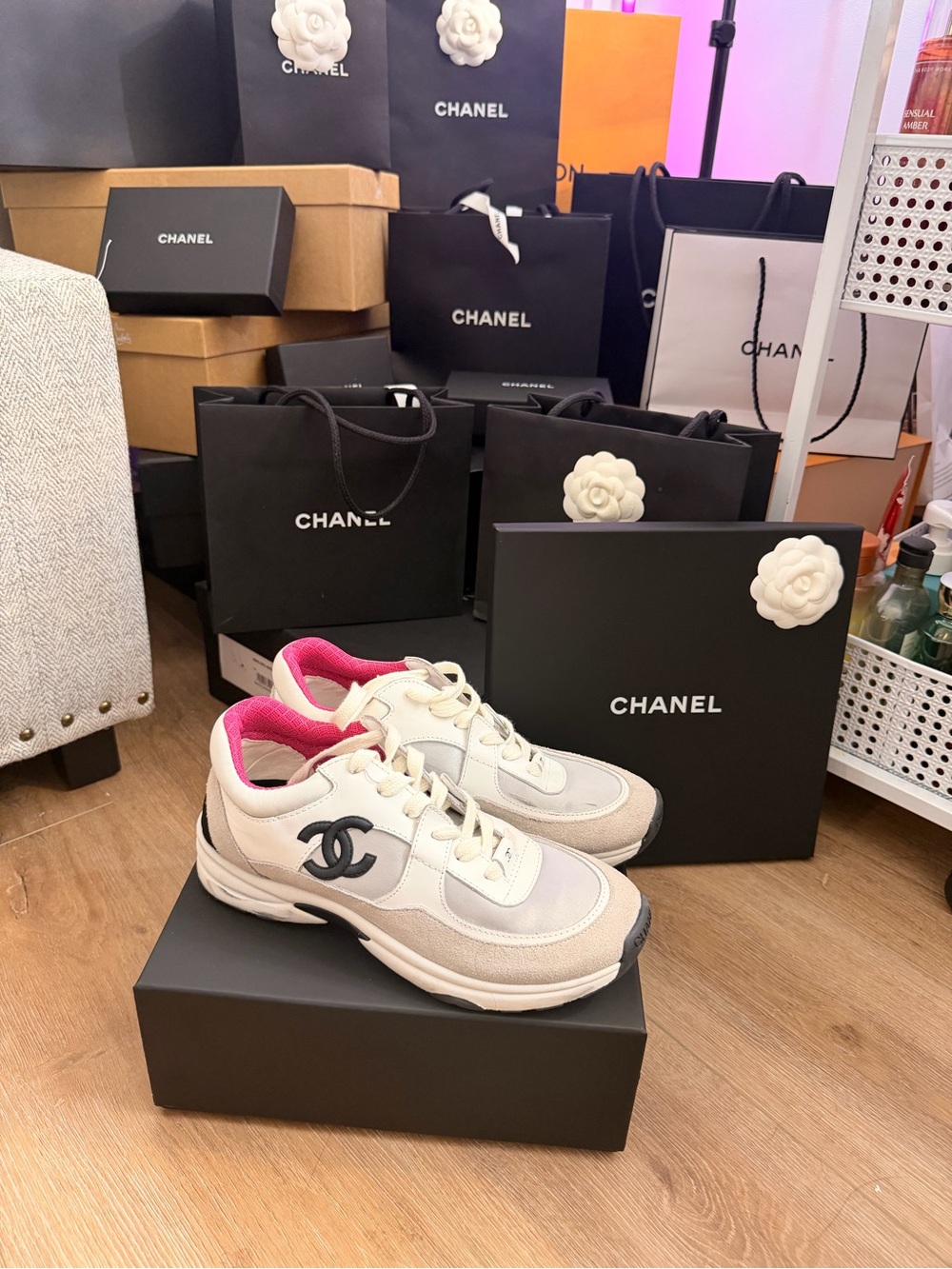 CHANEL White Sneakers with Pink Lining and Black Logo - Picture 2 of 7
